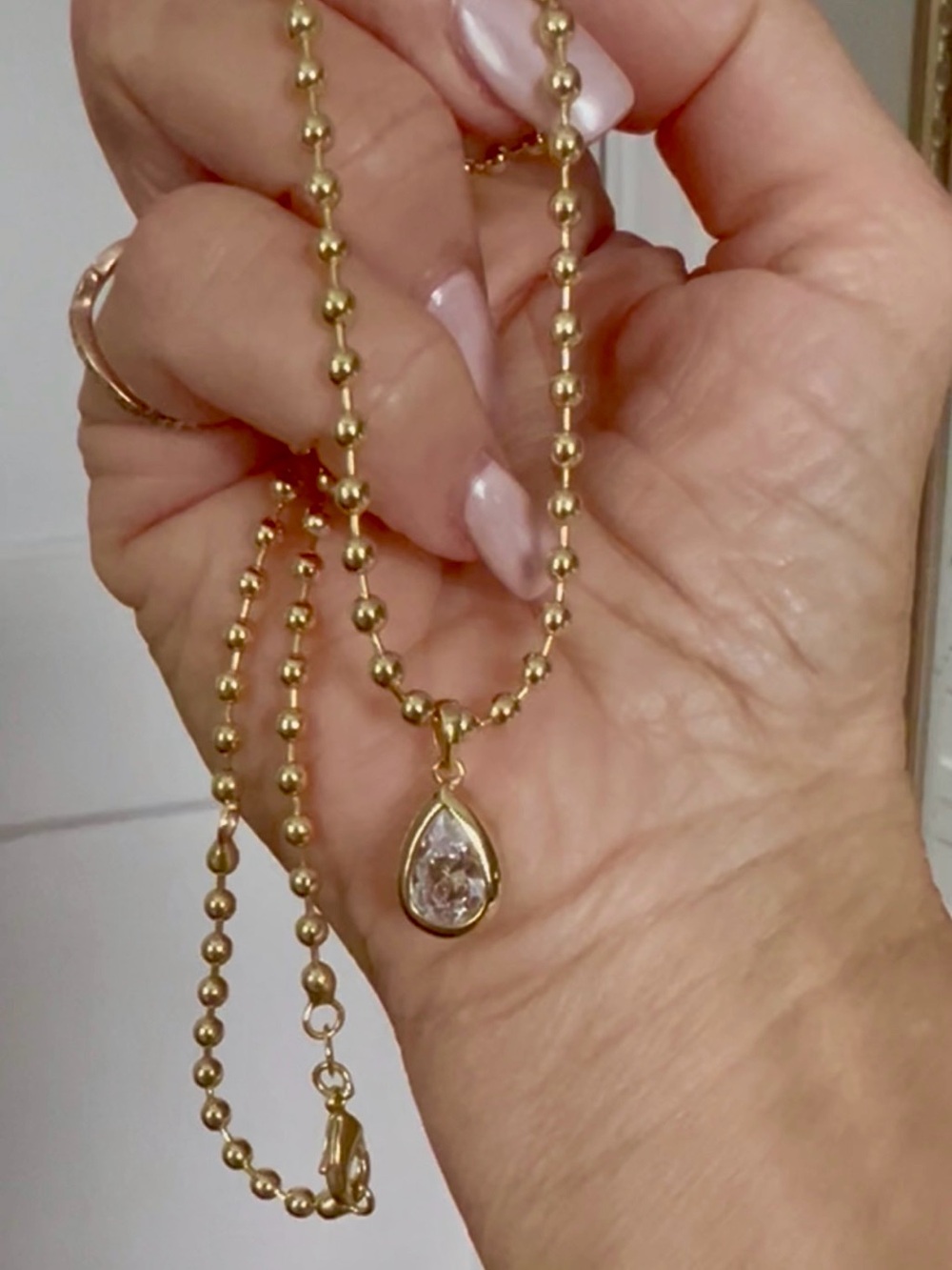 New 14K Gold Plated Bead Chain Necklace with 2 Carat Pear-Shape CZ Pendant!